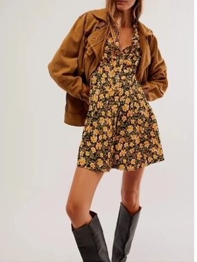 Free People Marvelous Mia Mini Corduroy Floral Long Sleeve Dress